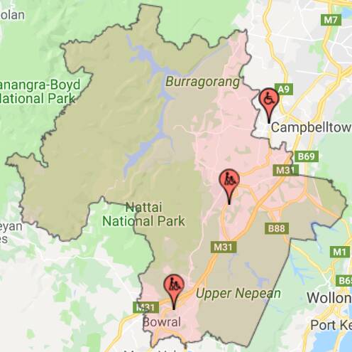 There are three pre-poll locations for voters in the Wollondilly electorate. Photo: Google maps
