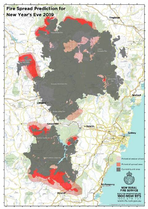 Fire spread prediction for New Year's Eve. Photo: NSW Rural Fire Service