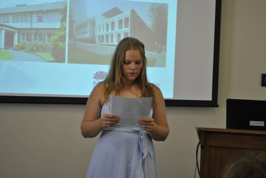 Jasmine McIntosh makes an acceptance speech at a presentation at Bowral and District Hospital on Monday afternoon.