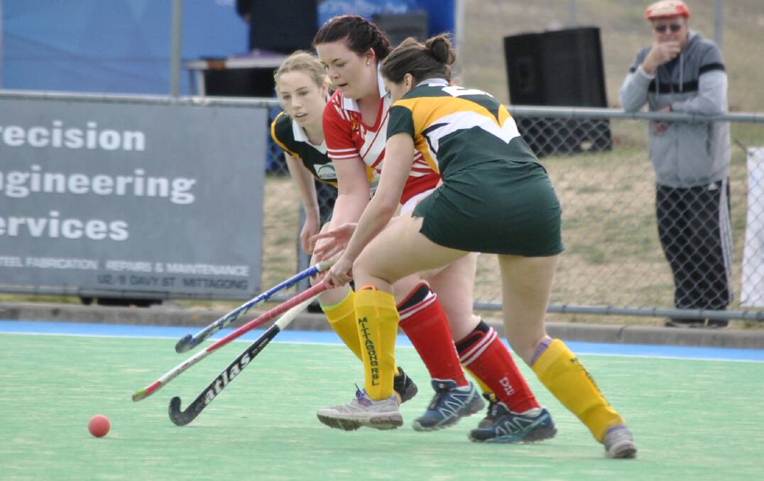 HIGH STAKES: Moss Vale Hockey Club’s first grade women’s side had a 3-0 win against Mittagong Hockey Club at Welby Oval on Saturday, September 22. Photo: Emily Bennett
