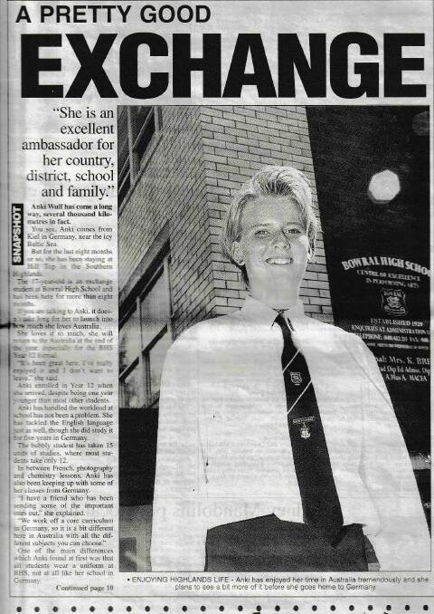 Finnja Schweers' mother Anki was featured in an article in the Southern Highland News during her exchange between 1997 to 1998. Photo: Supplied