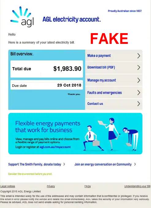 An example of a fake AGL electricity bill.