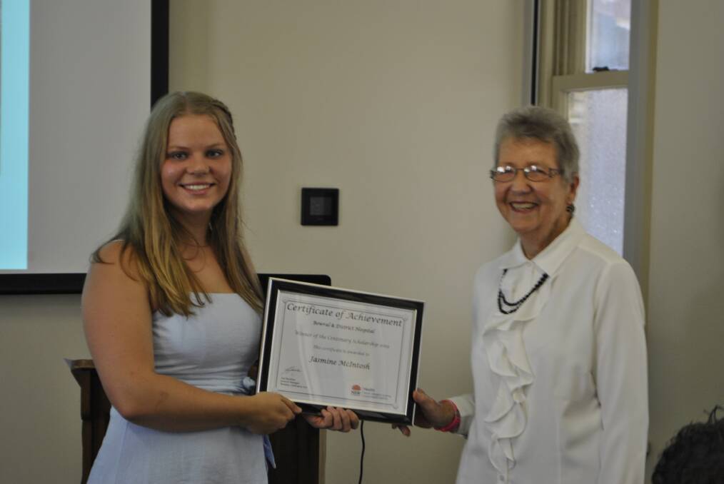 Jasmine McIntosh accepted her award from Bowral Hospital Auxiliary president Joan Lowe.