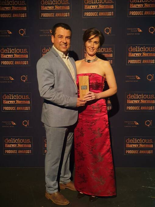 WINNERS ARE GRINNERS: Pecora Dairy co-owners and cheese makers Cressida and Michael McNamara with their From the Dairy award at the 2019 delicous. Produce Awards at Sydney's State Theatre last week. Photo: Supplied