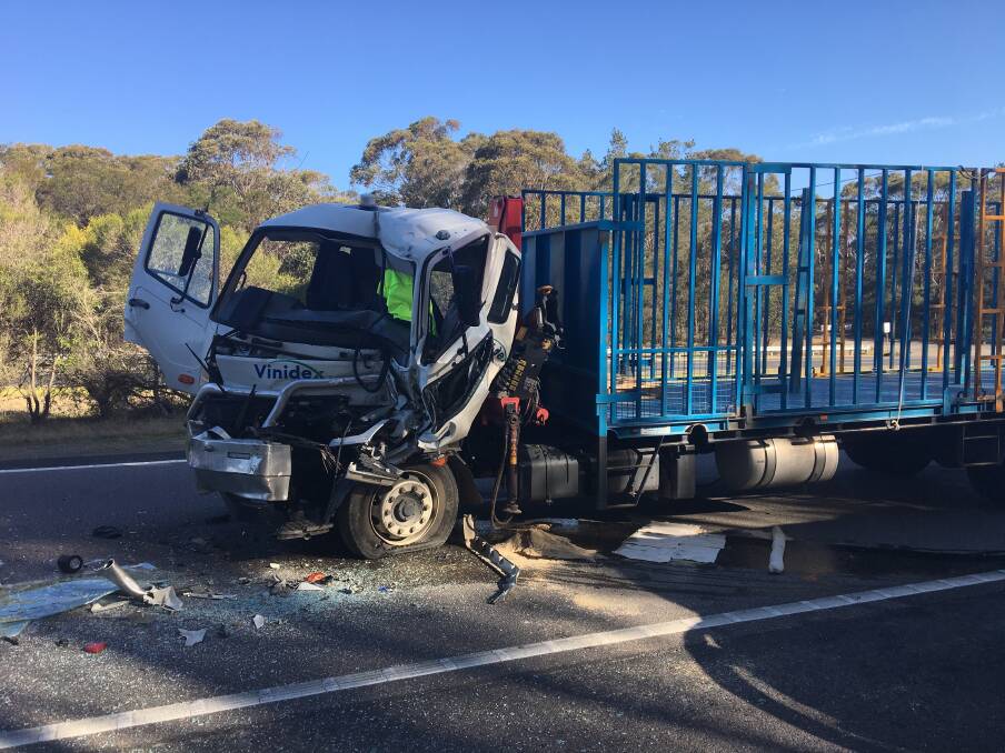 A two-truck crash has closed one northbound lane on the Hume Highway at Sutton Forest. Photo: Martin Cutler