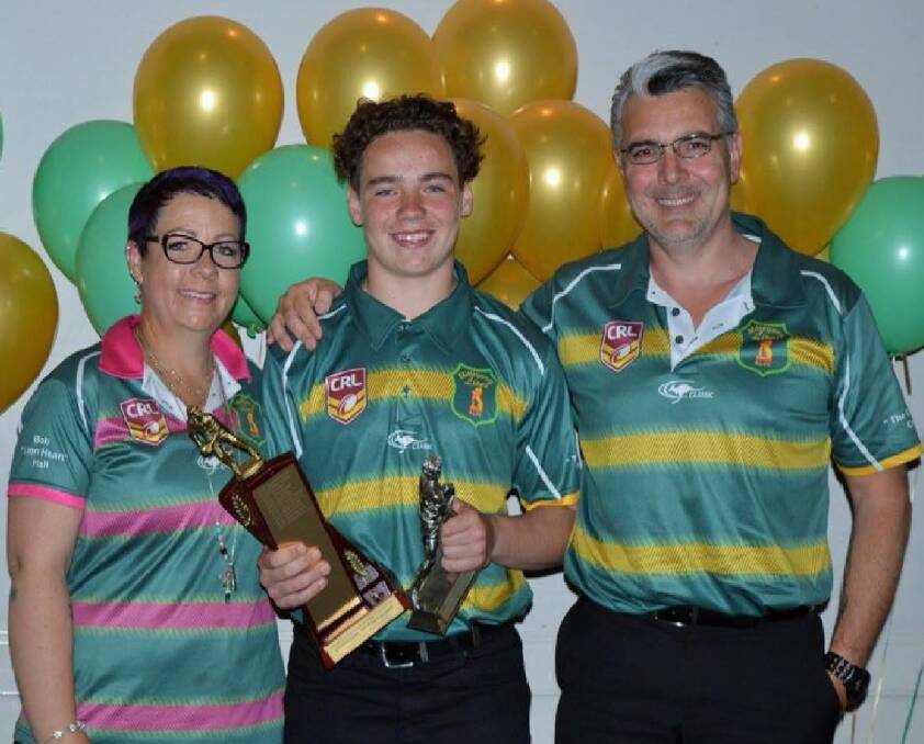 REWARD: Mittagong Lions player Daniel Webb with his parents Charlie and Ray Webb. Webb has made the Western Suburbs Magpies Harold Matthews squad. Photo: Contributed