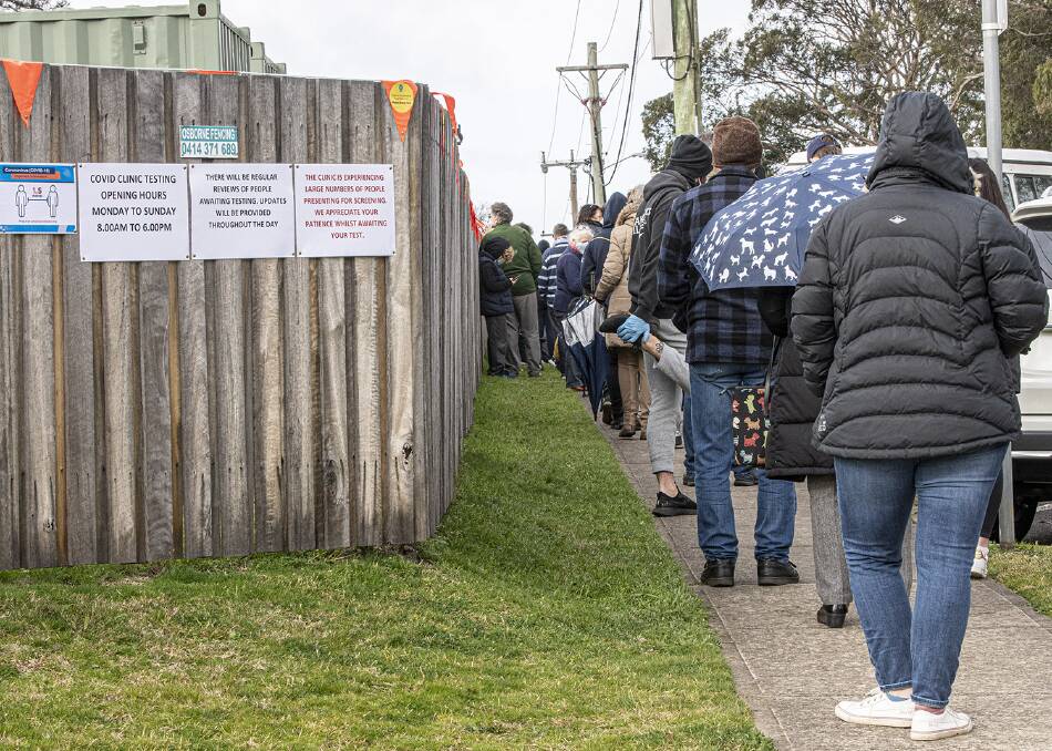 GET IN LINE: People lined up for COVID-19 testing at Bowral and District Hospital on Wednesday. Photo: John Swainston