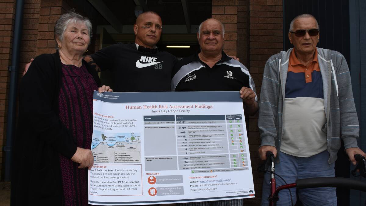 CONCERNS: James Williams (second from left) with his parents Norma and Jimmy (far right) and fellow resident Jack Hampton have raised concerns over many years about PFAS contamination in the Jervis Bay and Wreck Bay areas. 