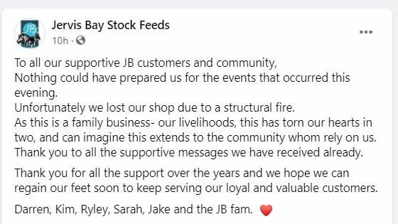 Multiple fire crews called to Jervis Bay Stock Feeds' fire