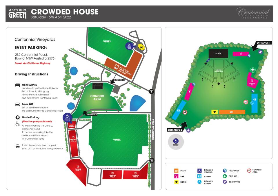 Site map for Crowded House, A Day on the Green, Centennial Vineyards in Bowral. 