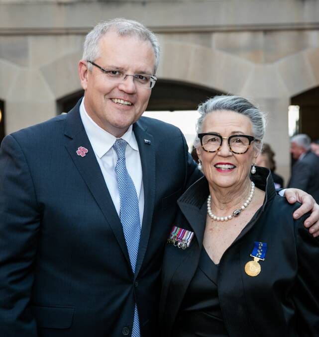 Honouring women: Prime minister Scott Morrison with Rhondda Vanzella at the event. Photos from the Australian War Memorial.