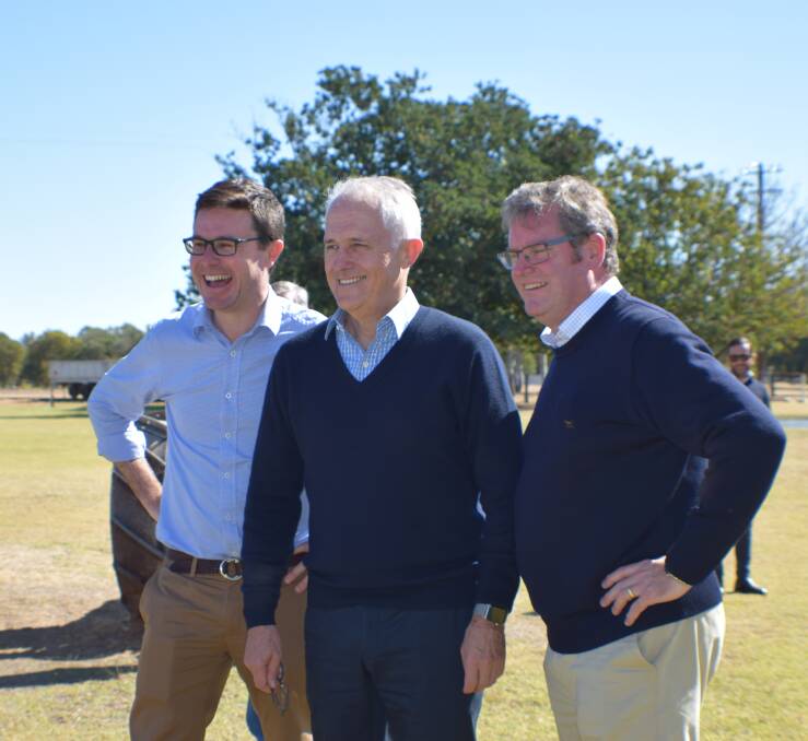 Minister for Agriculture David Littleproud, Prime Minister Malcolm Turnbull and Minister for Regional Development John McVeigh went on a drought 'listening tour' in June this year. Photo: Olivia Ralph.