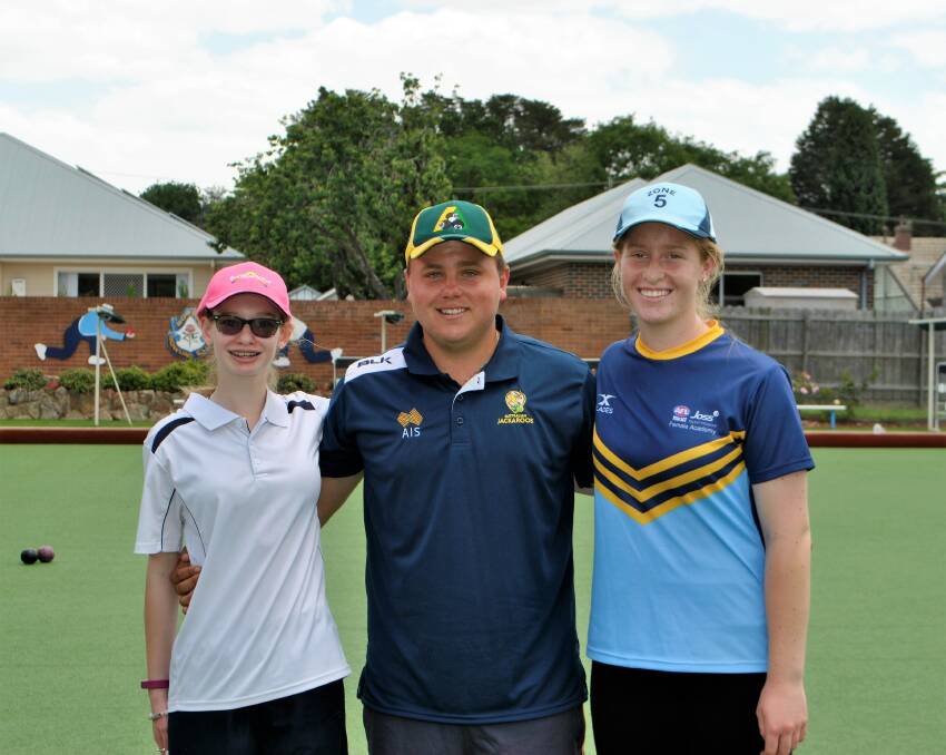 Bowled over: Aaron Teys with two players from the zone 5 development squad at Bowral Bowling Club at the weekend. Photo: Olivia Ralph