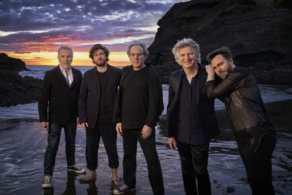 The current Crowded House line-up, featuring founding members Neil Finn and Nick Seymour, along with producer and keyboardist Mitchell Froom, guitarist and singer Liam Finn and drummer Elroy Finn.