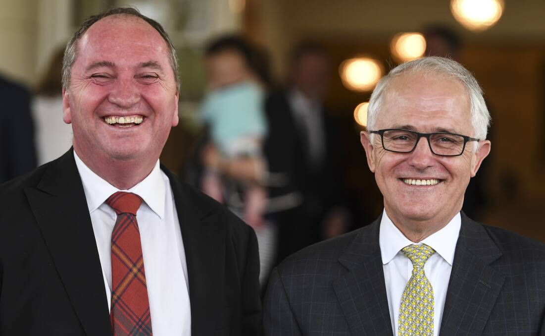 ALL SMILES: Barnaby Joyce may have been thrilled by Malcolm Turnbull's cabinet reshuffle this week, but how will the electorate react? Photo: AAP Image/Lukas Coch.