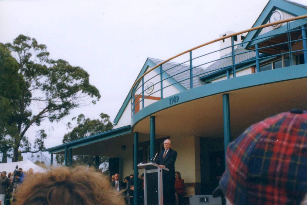 IN PERPETUITY: Out front of the Pavilion built in 1989, the Hon John Howard, PM, officially opens Bradman Museum at Bowral in 1996. Photo: BDH&FHS.