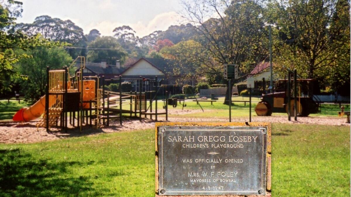 LASTING TRIBUTE: A recent photo of the Sarah Gregg Loseby Children's Playground at Bradman Oval, Bowral, with plaque inset. Photo: BDH&FHS.