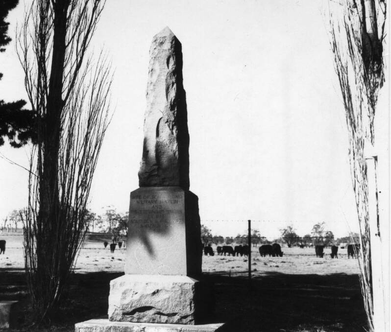 MARKING THE SITE: The commemorative obelisk at Bong Bong, flanked by the two poplars, 1990s. Photo: BDH&FHS.