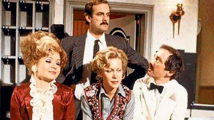 The Fawlty Towers team, Basil (John Cleese), Sybil (Prunella Scales), Polly the long-suffering maid (Connie Booth), and Manuel the hotel’s constantly confused Spanish waiter (Andew Sachs).