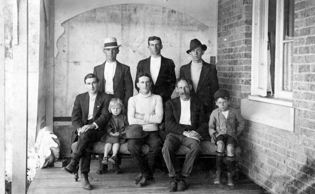 MUM’S HOUSE: Sid McFarlane (front centre) at Ravensdale, which he built, with Blayney at left and four older brothers, early 1920s. 