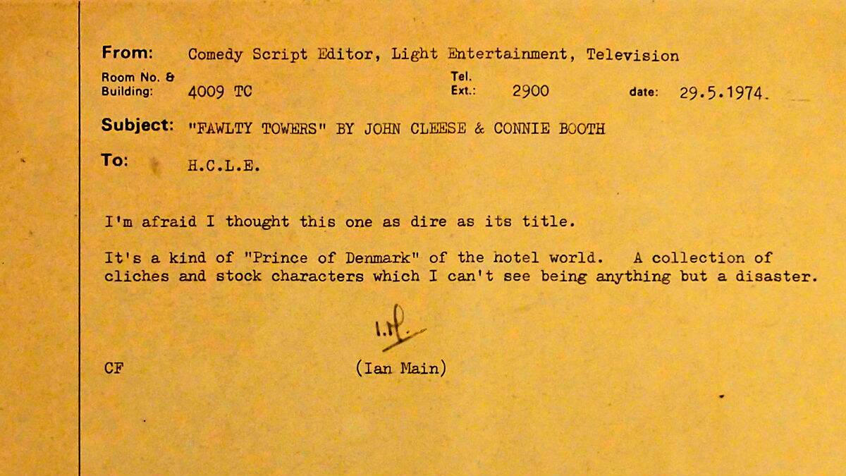 REJECTION SLIP: The almost fatal response from the BBC to Fawlty Towers co-creators John Cleese and Connie Booth.