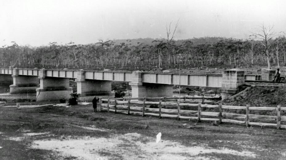 BRIDGE OF 1868: The original single-track railway viaduct at Barber’s Creek, replaced in 1915. Photo: ARHS NSW Rail Resource Centre image 034303.