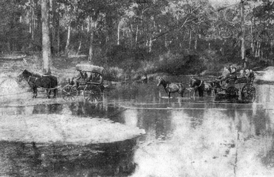FORDING: Travellers at Paddy’s River in 1880s, where an earlier bridge had been swept away. Photo: BDH&FHS 