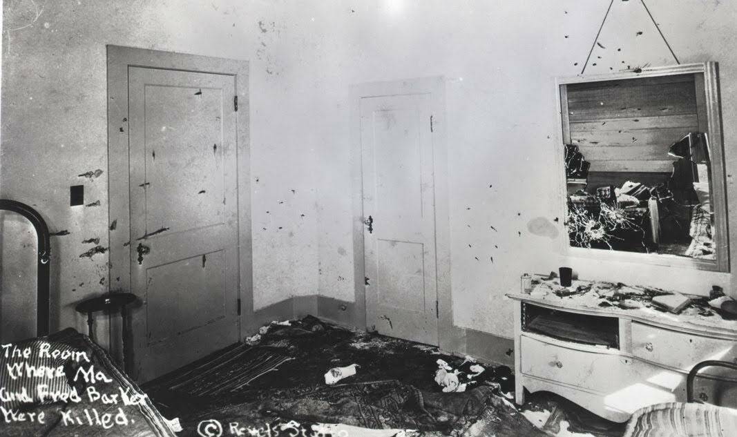 SHOOT OUT: The bullet-riddled room from which Ma Barker and her youngest son Fred shot it out with 15 of the FBI’s finest for over four hours in 1935. (FBI Archives)