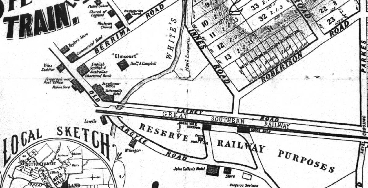 TOWN LAYOUT: From a subdivision poster of 1882 showing Moss Vale's buildings, including P&T Office, at old town centre. Image: BDH&FHS. 
