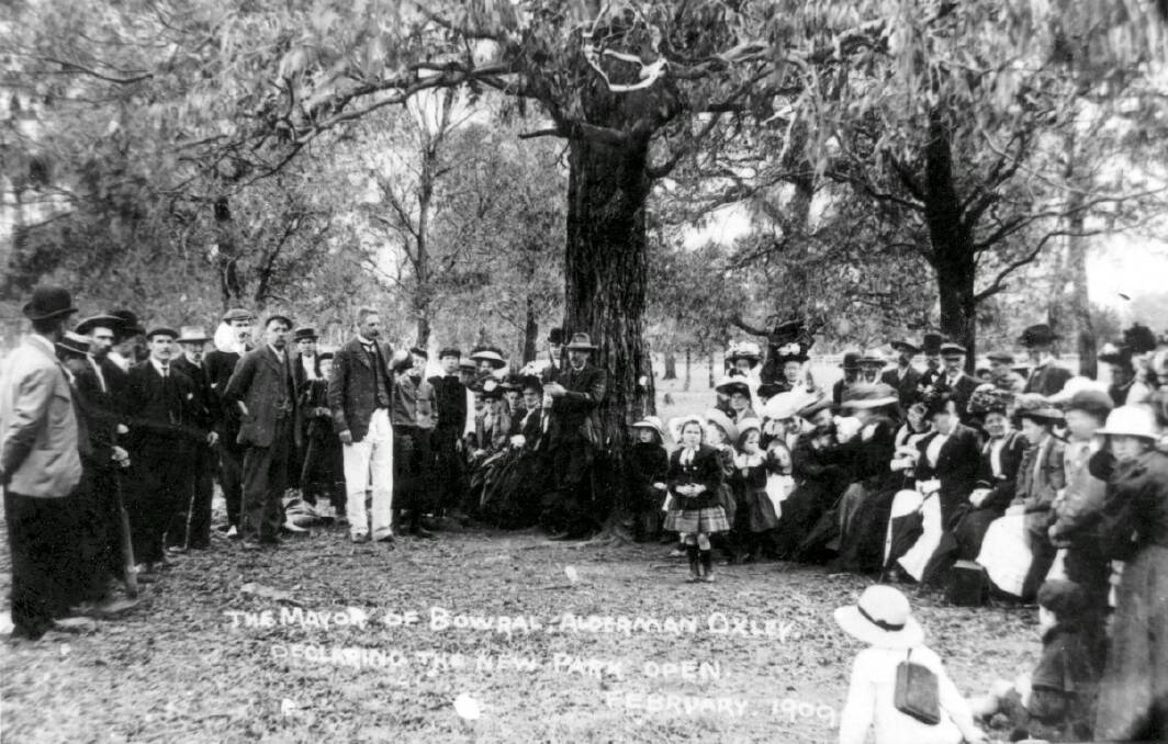 HAPPY DAY OUT: Bowral mayor HM Oxley, councillors and townspeople at the official opening of Glebe Park as a public recreation space in 1909. Photo: BDH&FHS.