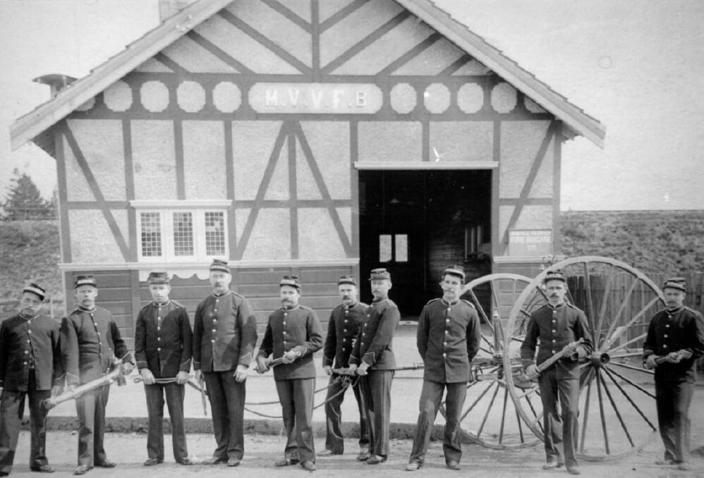 ON CALL: Moss Vale Fire Brigade with hand reel at fire station, 1899. From left: Captain A Salmon, A Bender, AE Salmon, G Dawson, S Whyte, A Charlesworth, W Goodfellow, P Brevitt and W Pocock. Photo: BDH&FHS