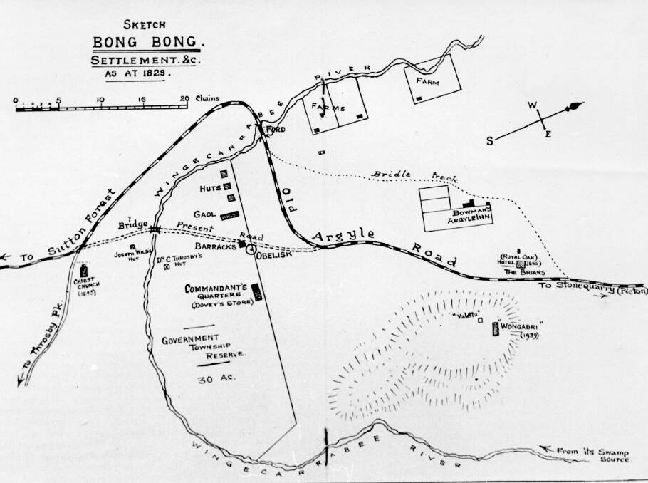 PIONEER SPIRIT: The sketch map of Bong Bong settlement as at 1829, based on Sarah Loseby's memories. Image: BDH&FHS.