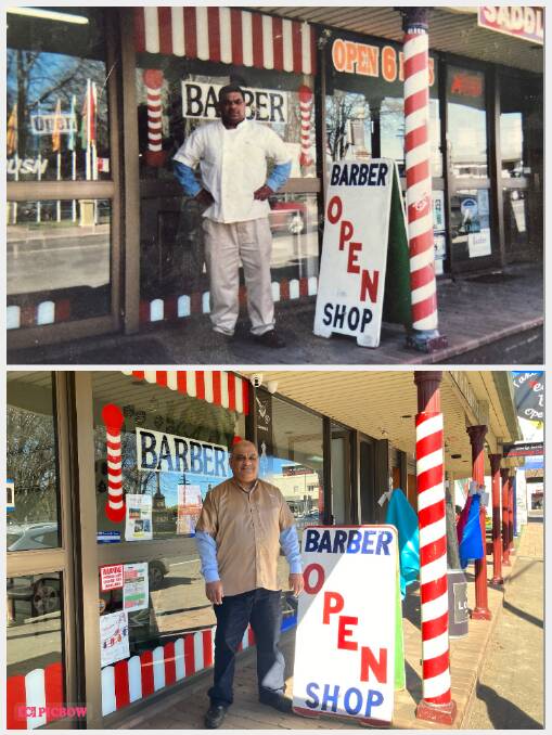 SPOT THE DIFFERENCE: Asish Kumar outside his barber shop on Bong Bong Street in the late 90s, and today. Photos: (top) supplied, (bottom) Michelle Haines Thomas