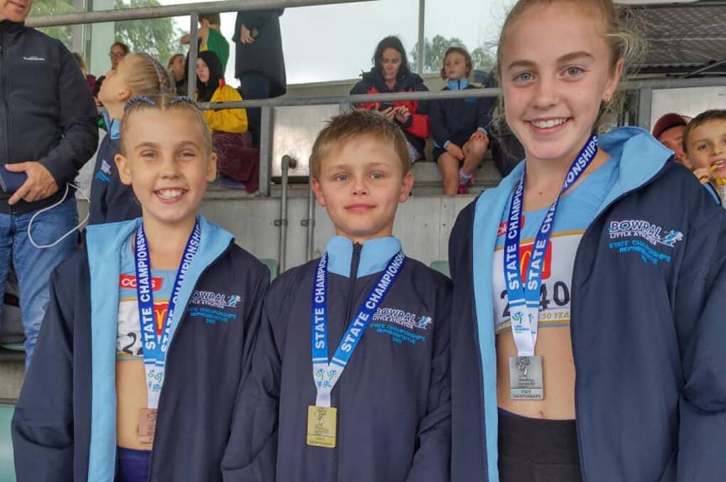 Winners: Bowral Little Athletics' three standouts were (from left) Drew Cooney, Oscar LeGuay, and Charlotte Withers. Photo: Bowral Little Athletics. 