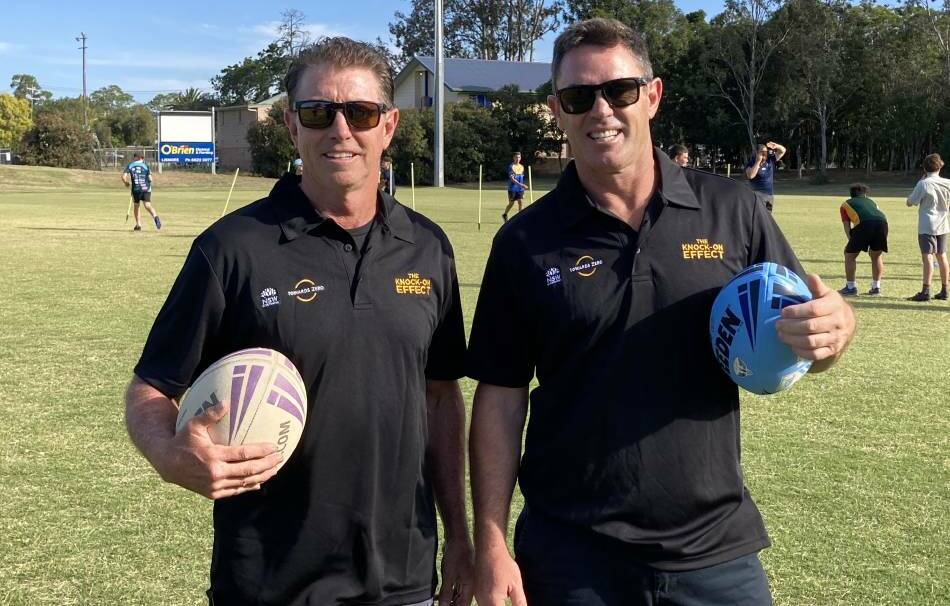 MOVING FROM MARS: Brad Fittler with former teammate Greg Alexander at Crozier Field, Lismore. Photo: Mitchell Craig.