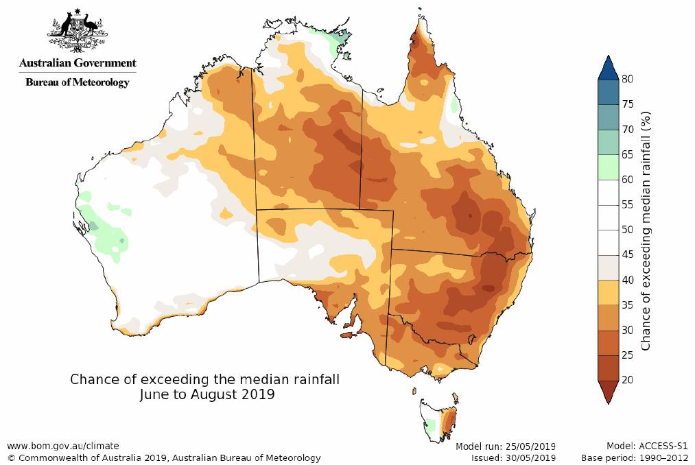Australian Bureau of Meteorology's national winter rainfall outlook. Map: Australian Bureau of Meterology. 