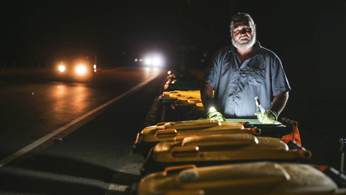 Frank Davis spends hours of his day going through bins around Newcastle, collecting bottles and cans. Picture: Marina Neil
