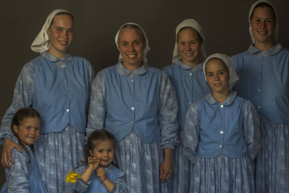 From left, Ruth, 4, Esther, 17, Abi, 2, mother Bethany, Elizabeth, 12, Mary, 10, and Hannah, 16. Picture: MEREDITH O'SHEA