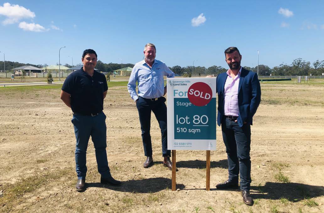Lewis Land Group's Luke Moreta, Michael Long and Matthew McCarron at The Heritage in Sovereign Hills, Port Macquarie. The region's newest residential precinct has been quickly snapped up by people looking for affordable blocks of land.