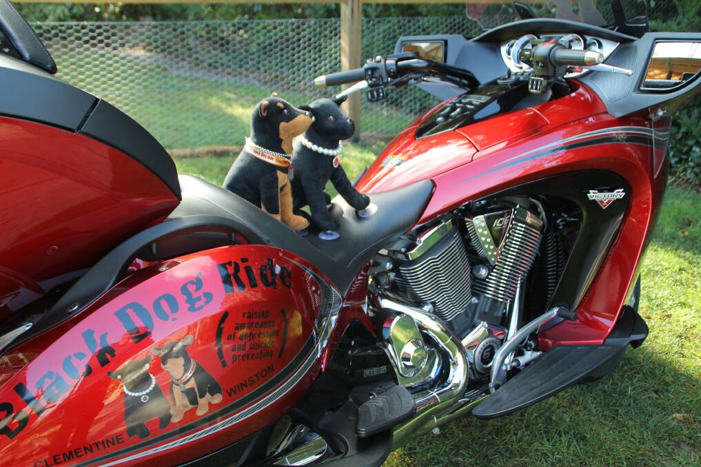Sam and Vanessa Webb's bike in readiness for the Black Dog ride, with mascots Winston and Clementine. Photo by Ash Mumford