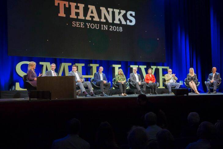 SMH Year in Review 2017, Subscribers, The Star, Panel discussion Social Seen: (L-R) The Sydney Morning Herald editor Lisa Davies with Peter Hartcher, Nick O'Malley, Michael Bachelard, Kate Geraghty, Sean Nicholls, Kate McClymont, Ross Gittins, Jessica Irvine and Malcolm Knox at the SMH Live Year in Review subscribers event at The Star, Sydney, on Monday, November 20, 2017.