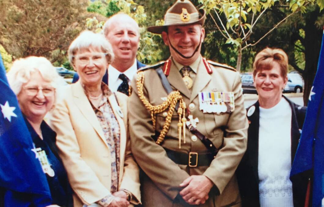 Mary Marks-Chapman of Hill Top (whose husband was KIA in Vietnam), Effie Kerr, returned solider Graham Tooth, General Peter Cosgrove and Madaline Strachan of Mittagong (whose brother was KIA in South Vietnam) at the cherry tree walk tree planting ceremony on October 29, 2000.  
	Photo supplied by Madaline and Allan Strachan
