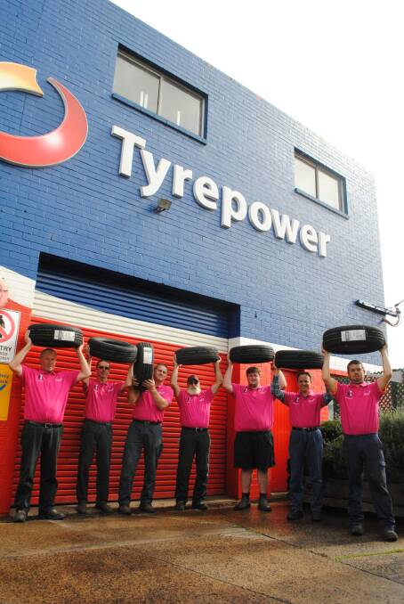 Bowral Tyrepower pink fitters Ian MacRae, Garry Greer, Andrew Hicks, Phil Dundon, Jack MacRae, Scott Worner and Philip Ferguson use their power to support The McGrath Foundation.  
	Photo by Dominica Sanda