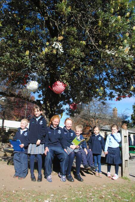 Bowral Public School students Lucas (5), Ruby (11), Jessica (11), Ava (11), and Hayden (6), at the Friendship Tree.	 Photo by Dominica Sanda