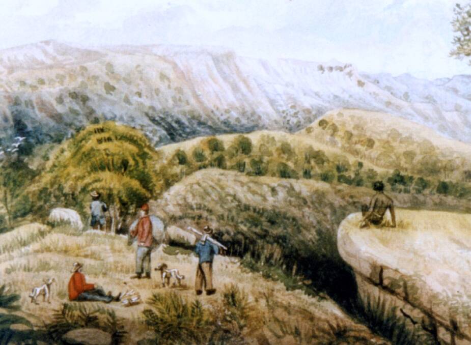 A SECRET SHARED: With assistance of local Aborigines, surveyor Robert Hoddle found a way in 1831 from Bong Bong through Yarrawa to the coast and later painted this watercolour; original in Mitchell Library.  
	Photo: BDH&FHS