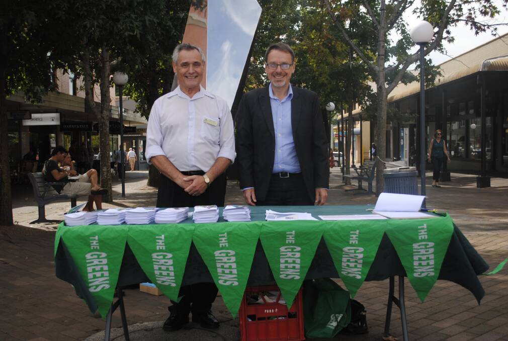 Wollondilly Greens candidate Patrick Darley-Jones with Greens NSW MP John Kaye. 	Photo by Megan Drapalski