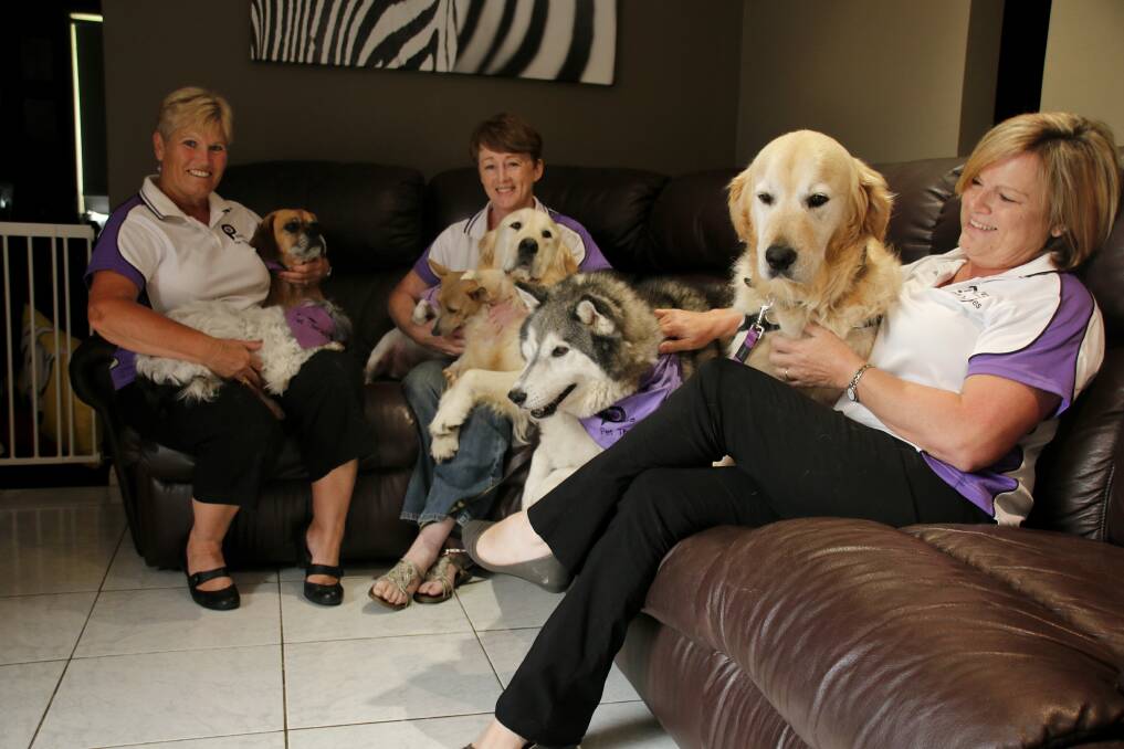 Paws Pet Therapy volunteer Maria Morton with Ben and RJ, Paws and Tales Co-ordinator Lisa McKay with Ringo and Rocky, and Paws Pet Therapy president Sharon Stewart and Zep and Hudson. 	Photo by Victoria Lee