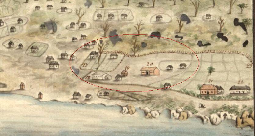 MAP of Sydney Cove's now-Rocks area in the early 1790s and which was briefly home to Molly Morgan. 	(British Natural History Museum)
