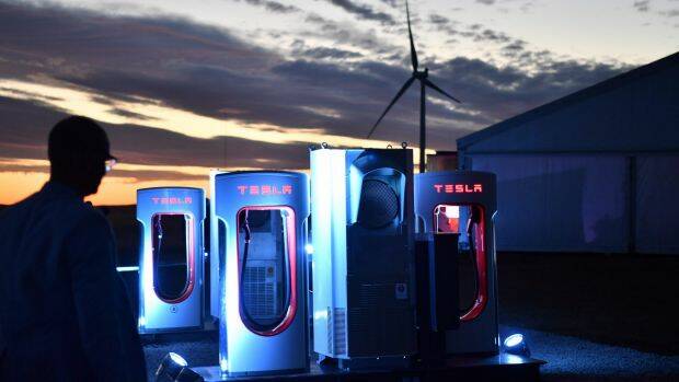 A Tesla car charging station is at South Australia's wind and solar battery plant outside of Jamestown. Photo: AAP