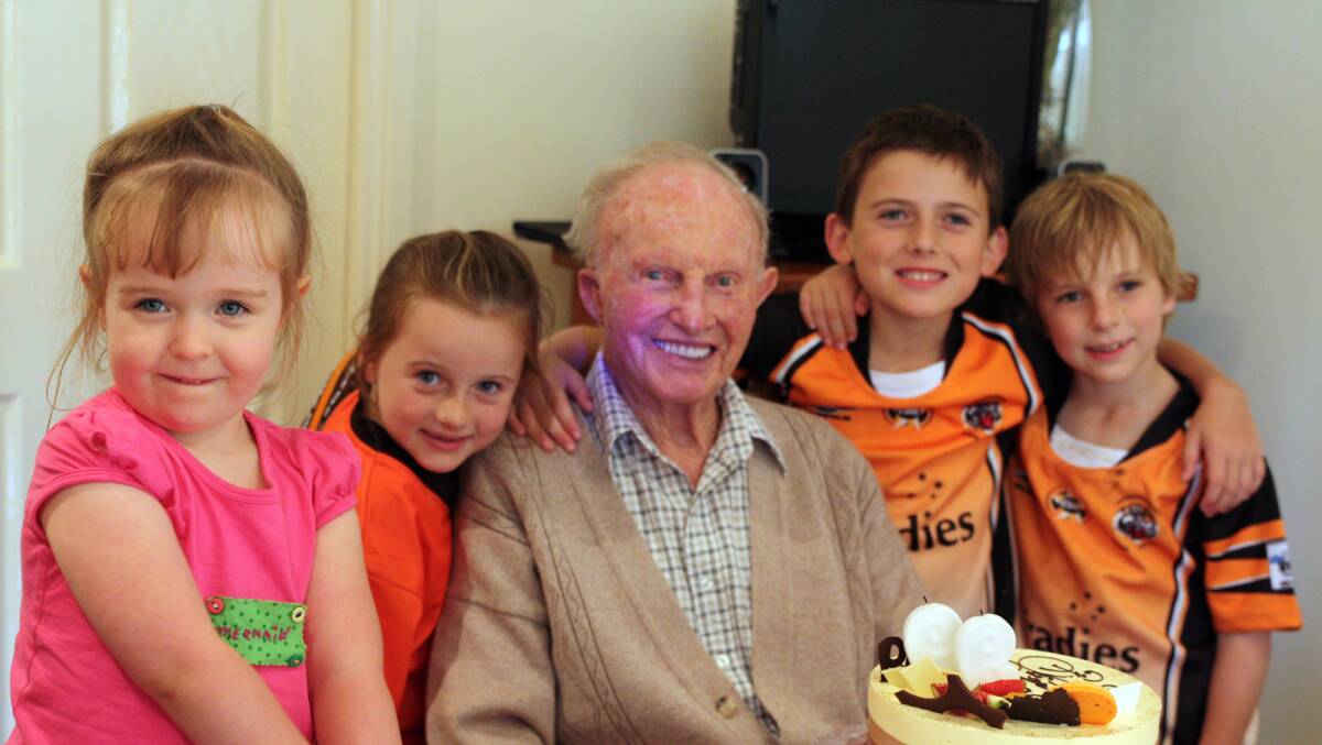 Gordon Stone with his great grandchildren at his 99th birthday party. Photo supplied